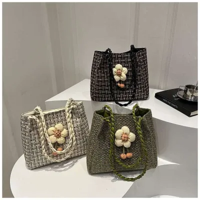 Stylish Flower Straw Woven Shoulder Tote Bag 